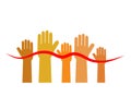 Hands of different people are raised up and a ribbon on a white background. Victory. Symbol. A crowd of hands. Vector Royalty Free Stock Photo